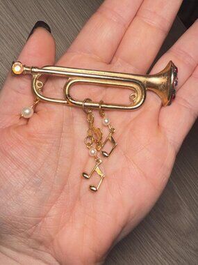 Trumpet Brooch Vintage Music Note Dangles AB Rhinestones Upcycled Pin 3.25”